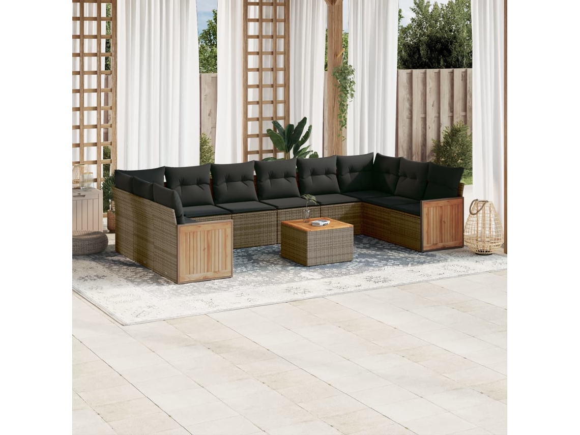 Conjunto de sofá de jardín de 11 piezas con cojines, ratán gris, DKD Home Decor