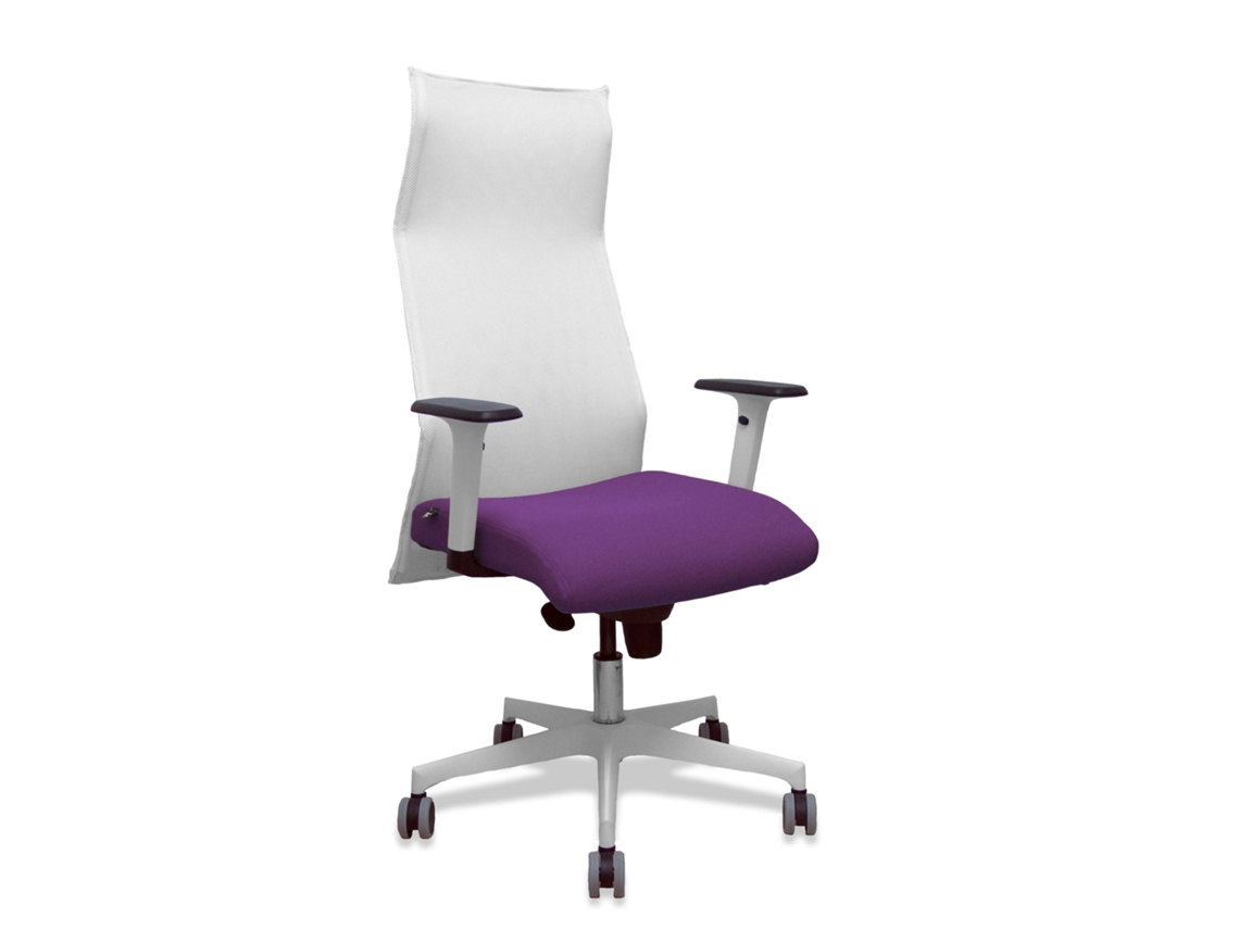 Sillón Albacete con mecanismo sincronizado, tapizado en tela morada y malla blanca.