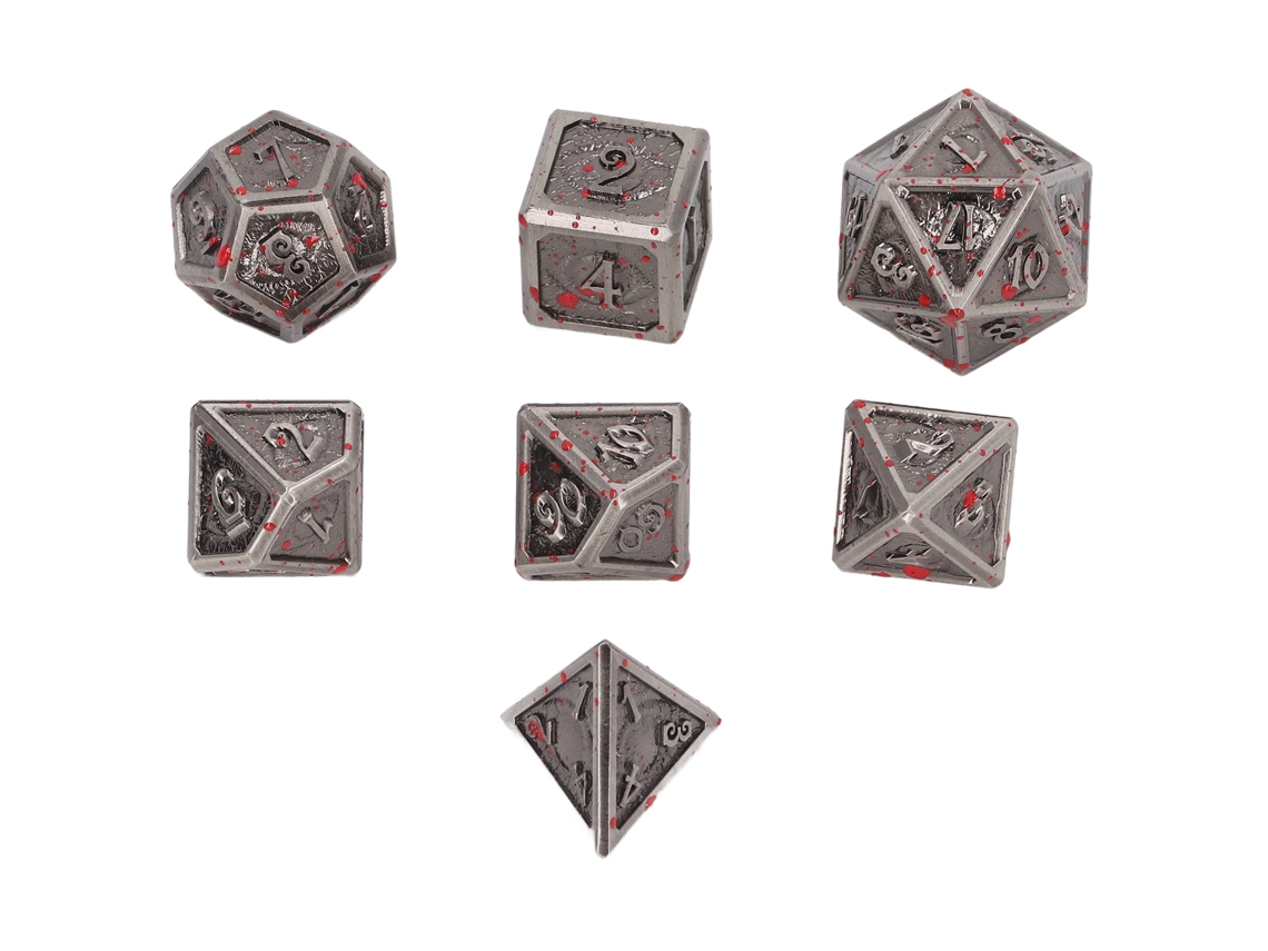 7 Dados Poliédricos De Metal Con Números Grabados Para Juegos De Mesa, Puntos Rojos Galvanizados.