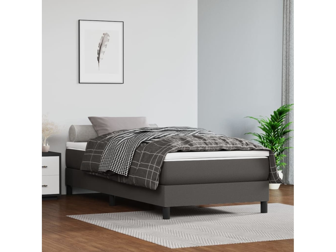 Cama Box Spring Con Colchón Cuero Sintético Gris 90x200 Cm