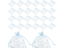 Paquete De 50 Bolsas De Organza Azules Con Cordón Ajustable De 10 X 12 Cm Con Estampado Floral Plateado.