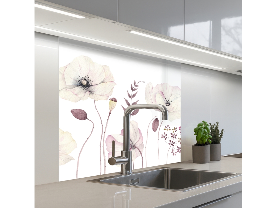 Salpicaderos De Cocina Flores - Pastel - Plantas - Blanco 80x80 Cm