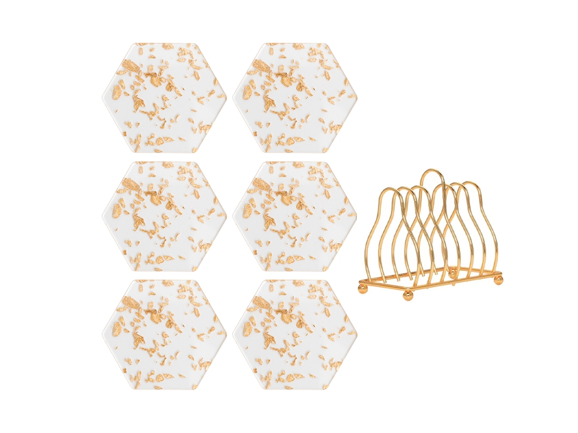 Juego de posavasos con soporte de metal, diseño hexagonal en acrílico resistente al calor NEVEANCE