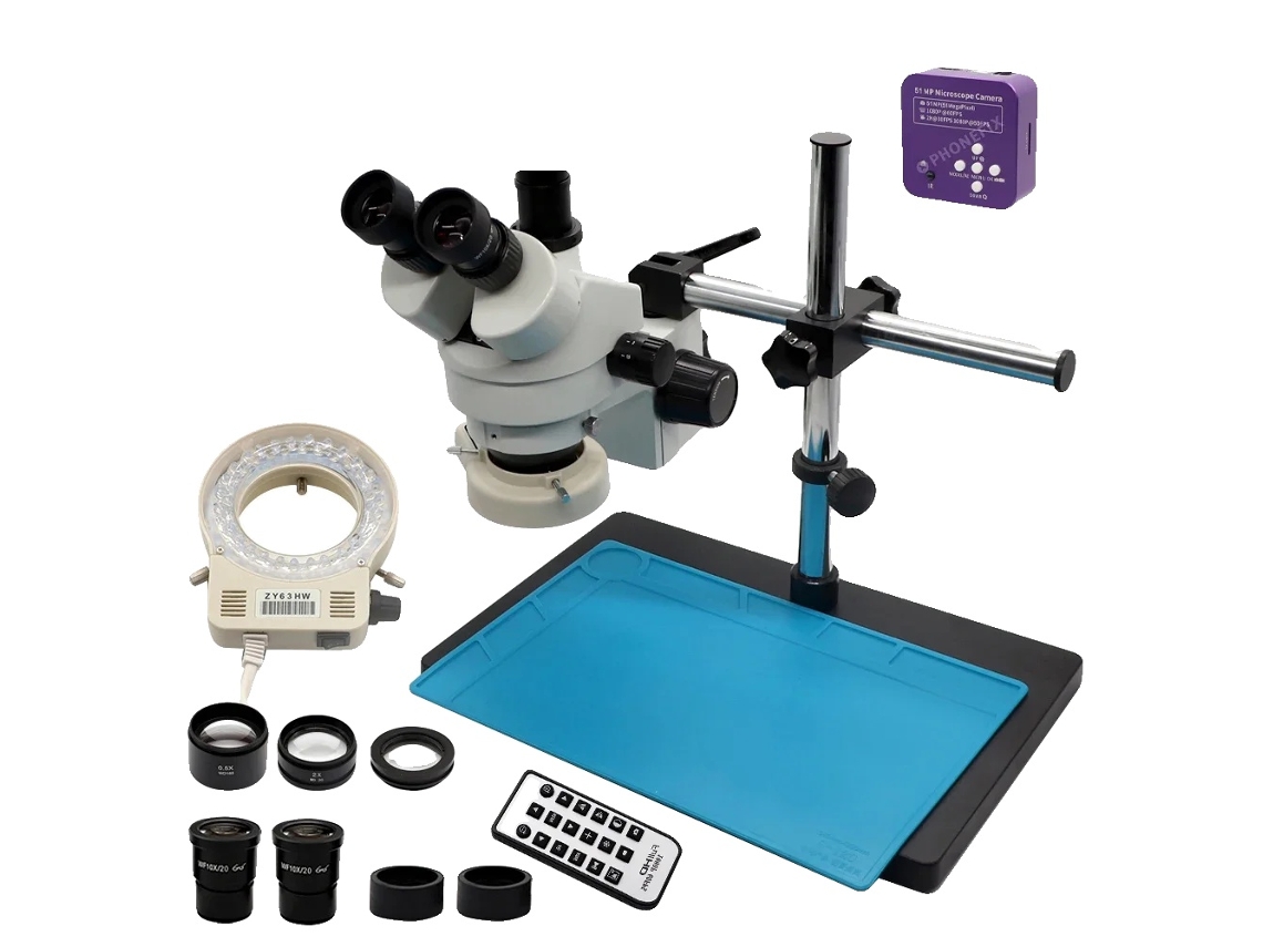 Microscopio estéreo, zoom continuo, diseño trinocular, cámara HDMI OEM de 51 MP