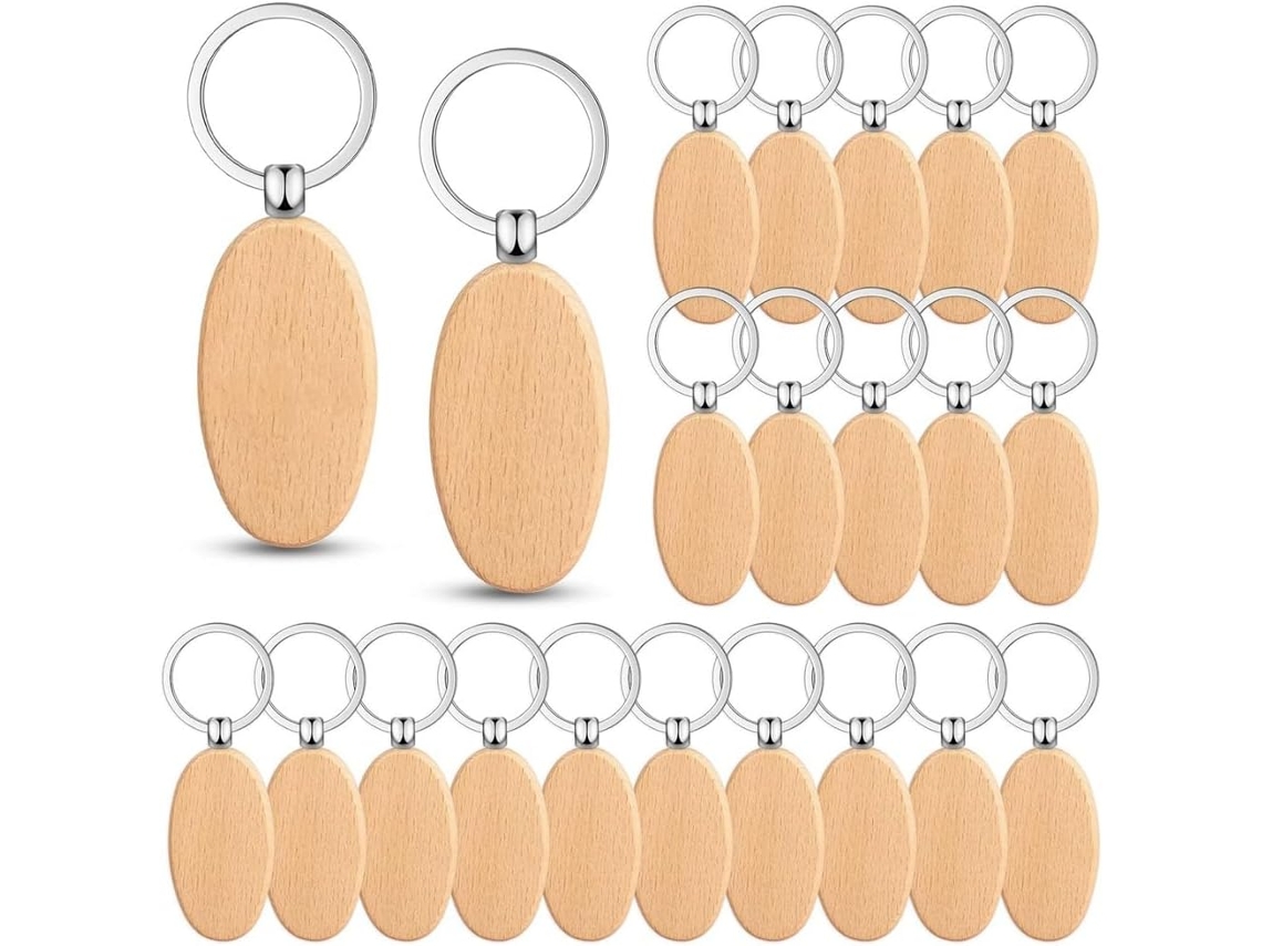 Paquete De 100 Llaveros De Madera Cruda En Blanco Con Grabado Para Proyectos De Bricolaje, Regalos,