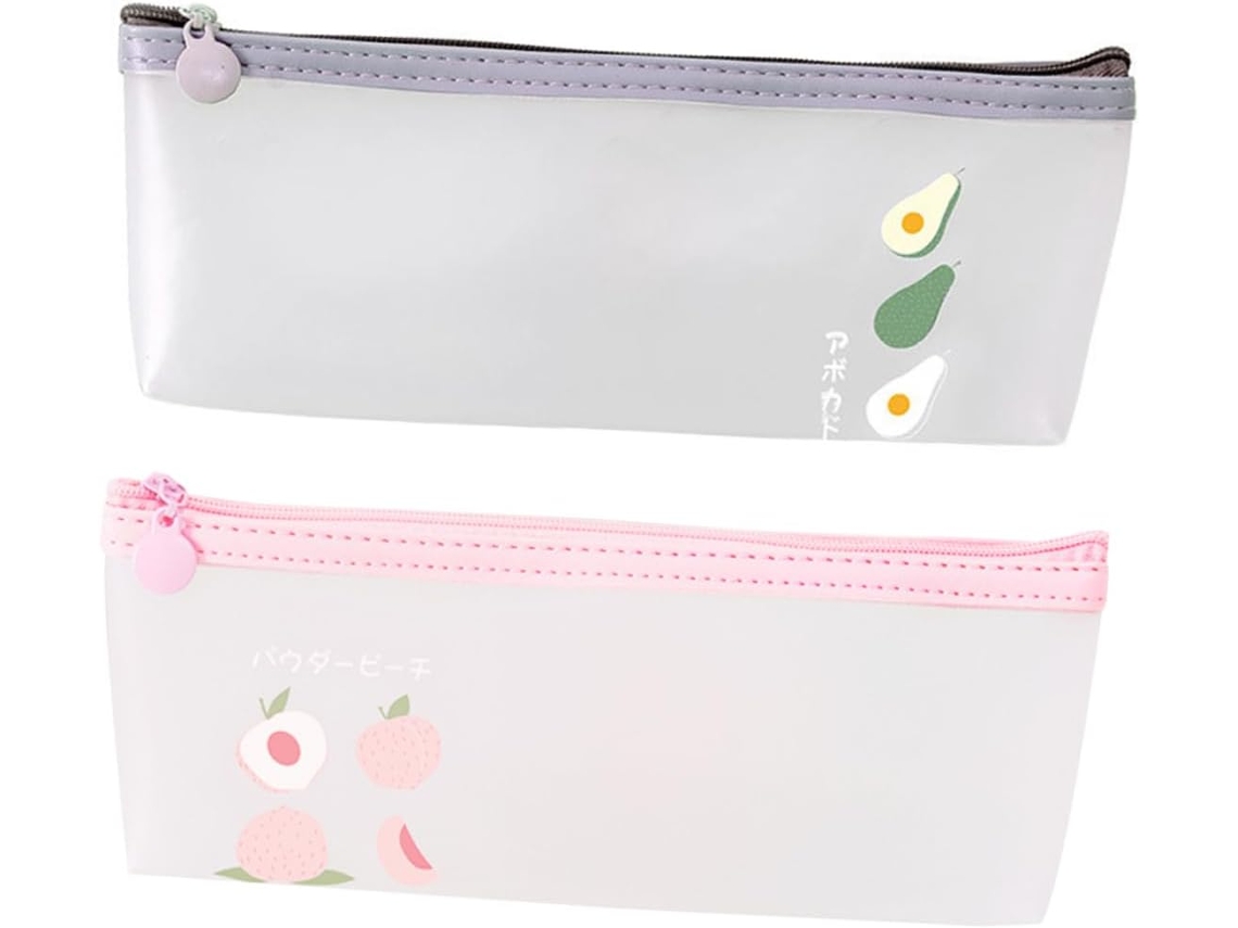 2 estuches para lápices con temática de frutas, bolsa para útiles escolares con cremallera, melocotón y aguacate.