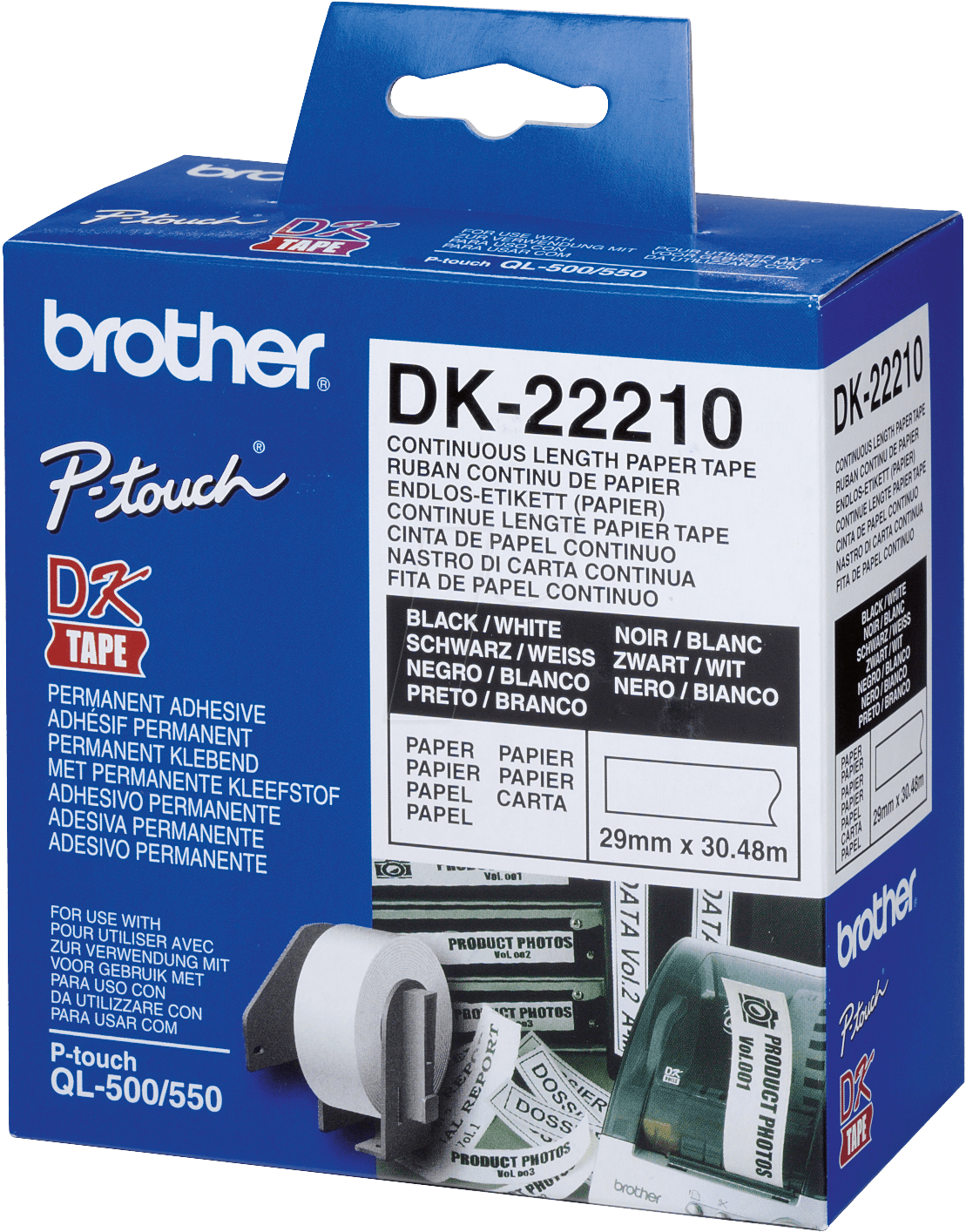 Consumible Original Brother dk22210 cinta continua de papel térmico blanca etiquetas impresión para impresoras ql 29mmx3048mts termico negro 29mm 30.48m