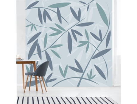 Mural de Pared PLAGE Murales Papel Introdutivo Hojas de Bambú Verde Azulado en Fondo Verde Claro 250 cm X 250 cm