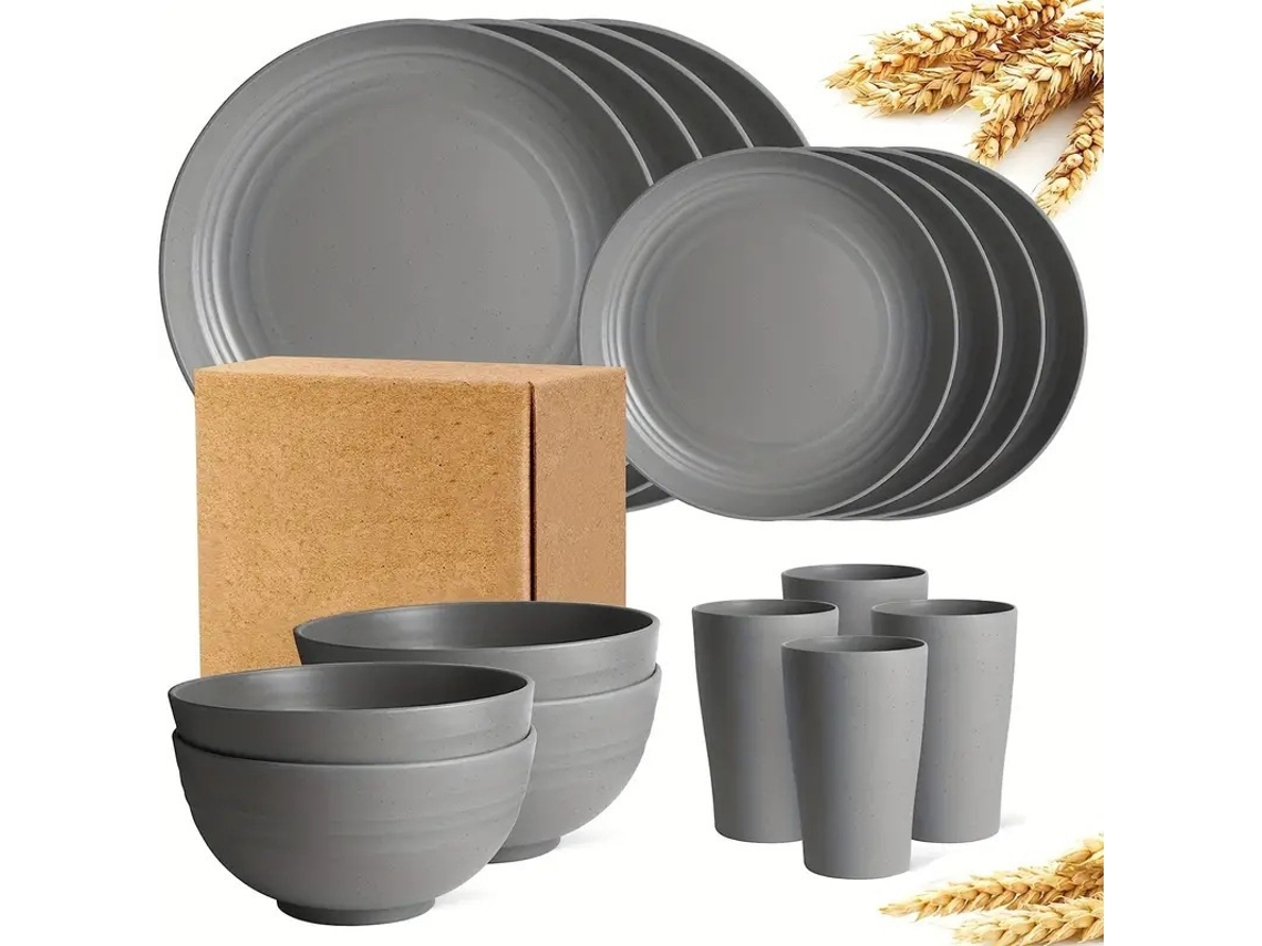 Juego de cubiertos de paja de trigo de 16 piezas para uso doméstico, platos y cuencos reutilizables, gris claro Digitallab