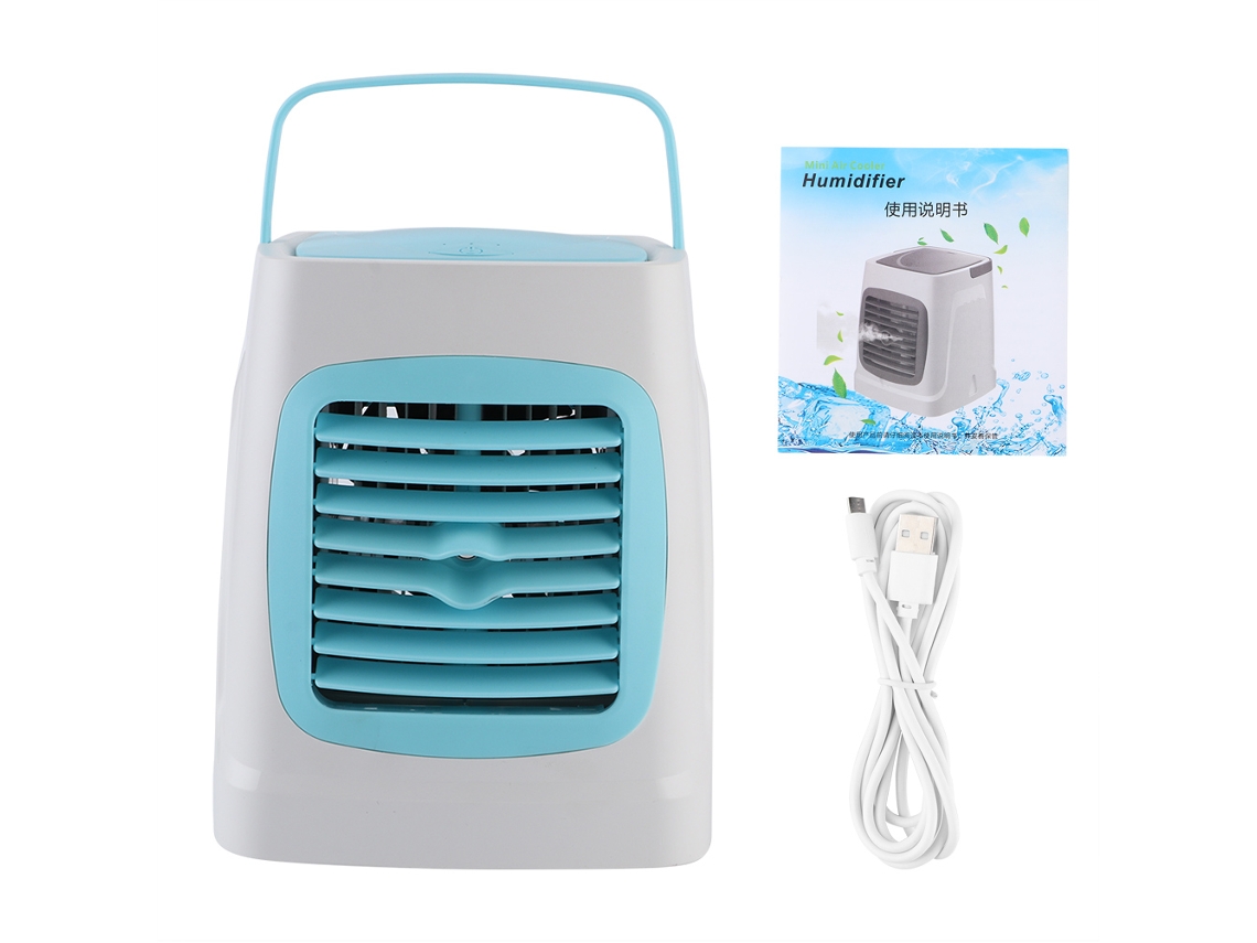 Mini ventilador USB portátil con humidificador LED azul