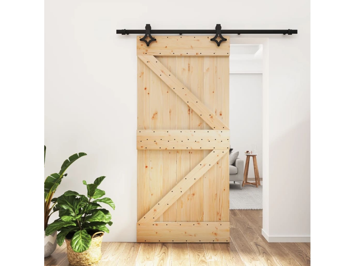 Puerta Corredera Con Herrajes Madera Maciza De Pino 95x210 Cm