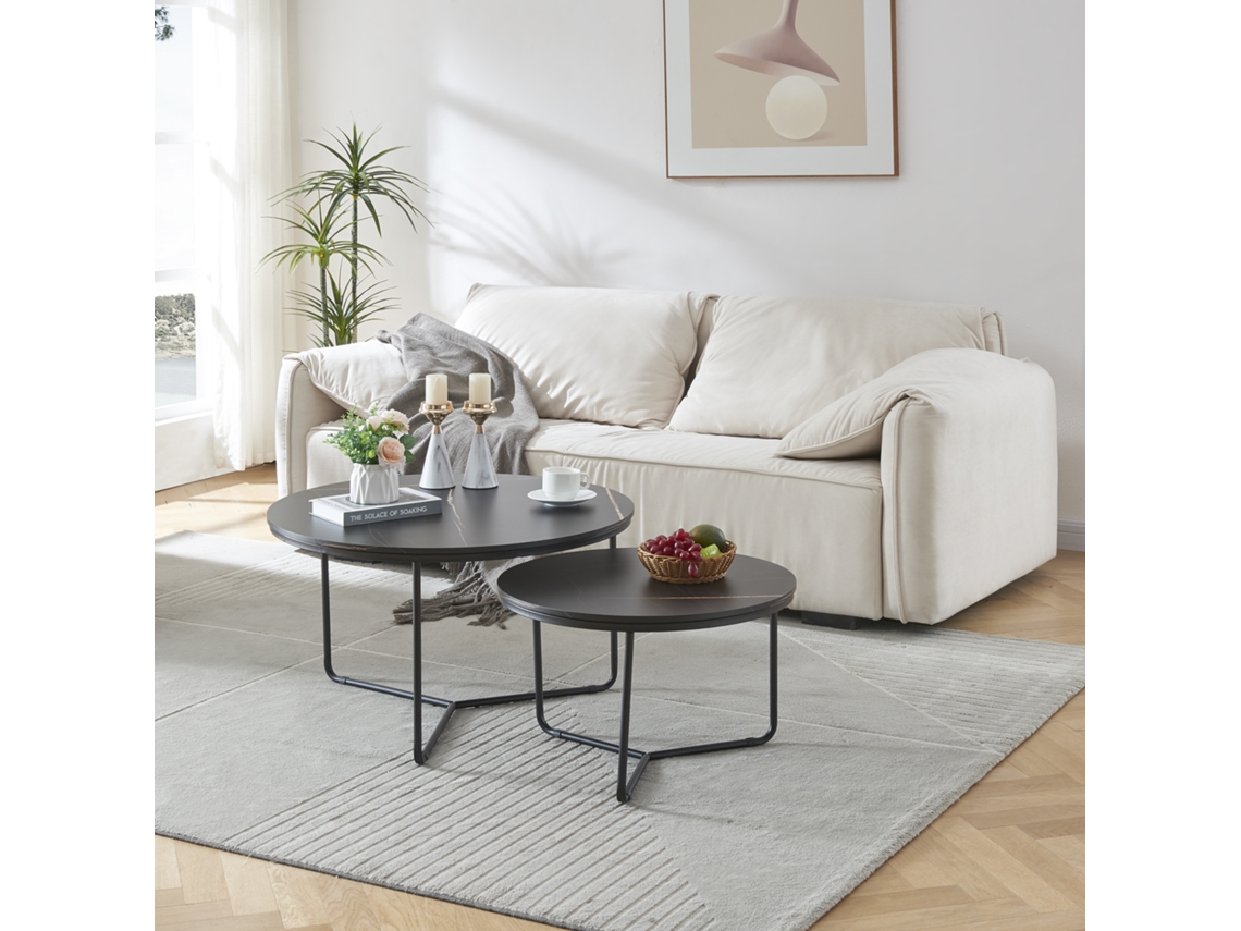 Set de 2 mesas de centro Poxdorf de distintos tamaños metal y aglomerado 45 x Ø 80 cm Efecto mármol negro [EN.CASA]
