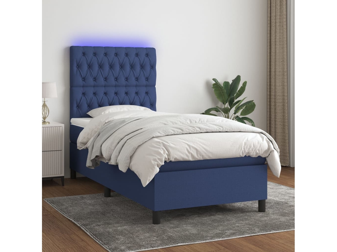 Cama Box Spring Colchón Y Luces Led Tela Azul 90x200 Cm