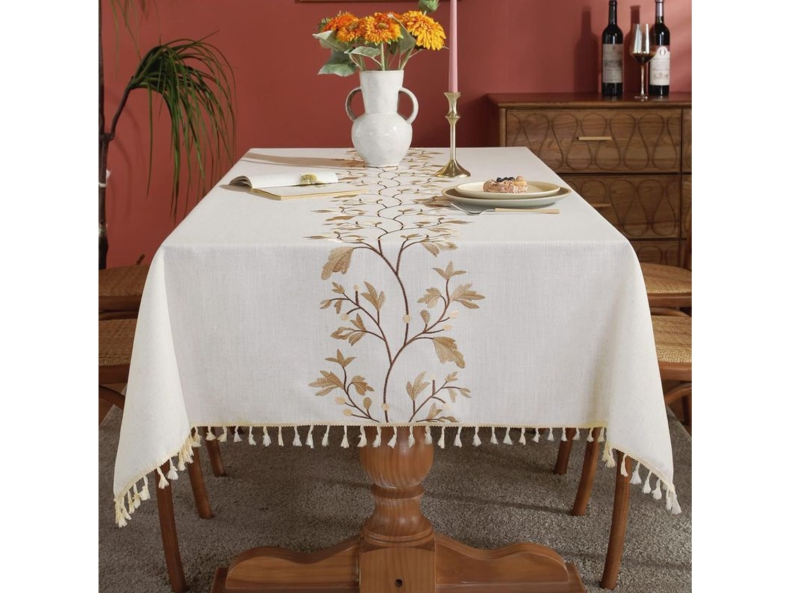 2026-mantel Rectangular De Lino Algodón Para Mesa De Comedor Cocina Rural Beige Con Bordados Y Flecos Lavable A Máquina