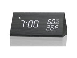 2026-reloj Despertador Digital Madera Con Led, 3 Alarmas, Temperaturay Humedad, Decoración Habitación Negro