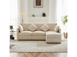 Sofá modular convertible de 3 plazas en forma de L con reposapiés móvil y 4 cojines de terciopelo, color beige.