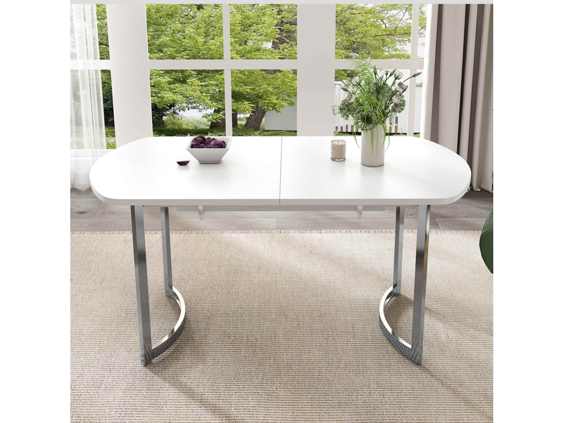 Mesa de comedor extensible de 140/180 x 80 cm, estilo moderno, patas de metal plateado, para 4-6 personas, color blanco