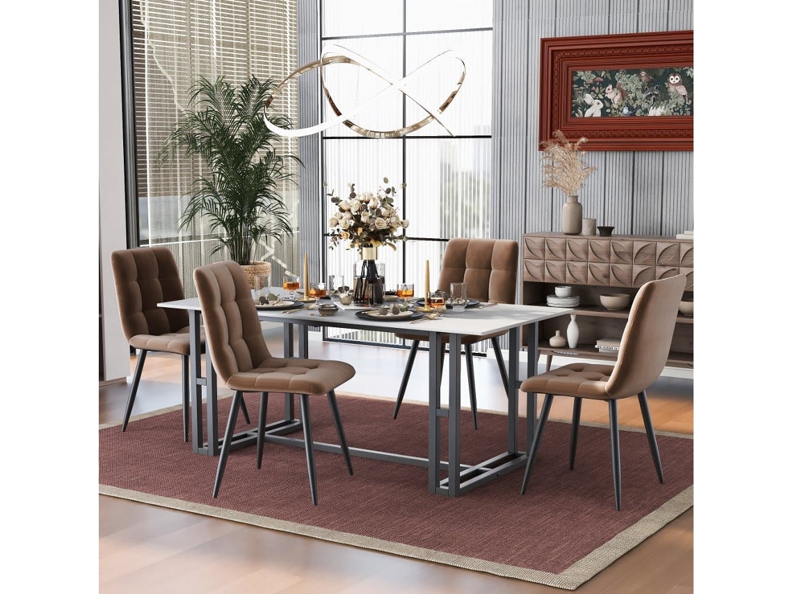Silla Comedor 4er Set - Silla De Diseño Con Respaldo, Asiento De Terciopelo, Estructura De Metal - Marrón