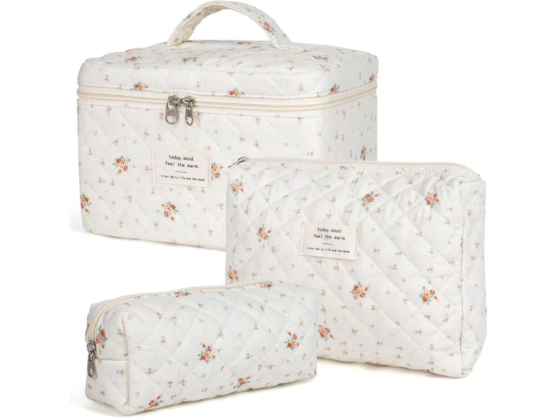 Kit de maquillaje grande de algodón (3 piezas) - Estampado floral, gran capacidad (1)