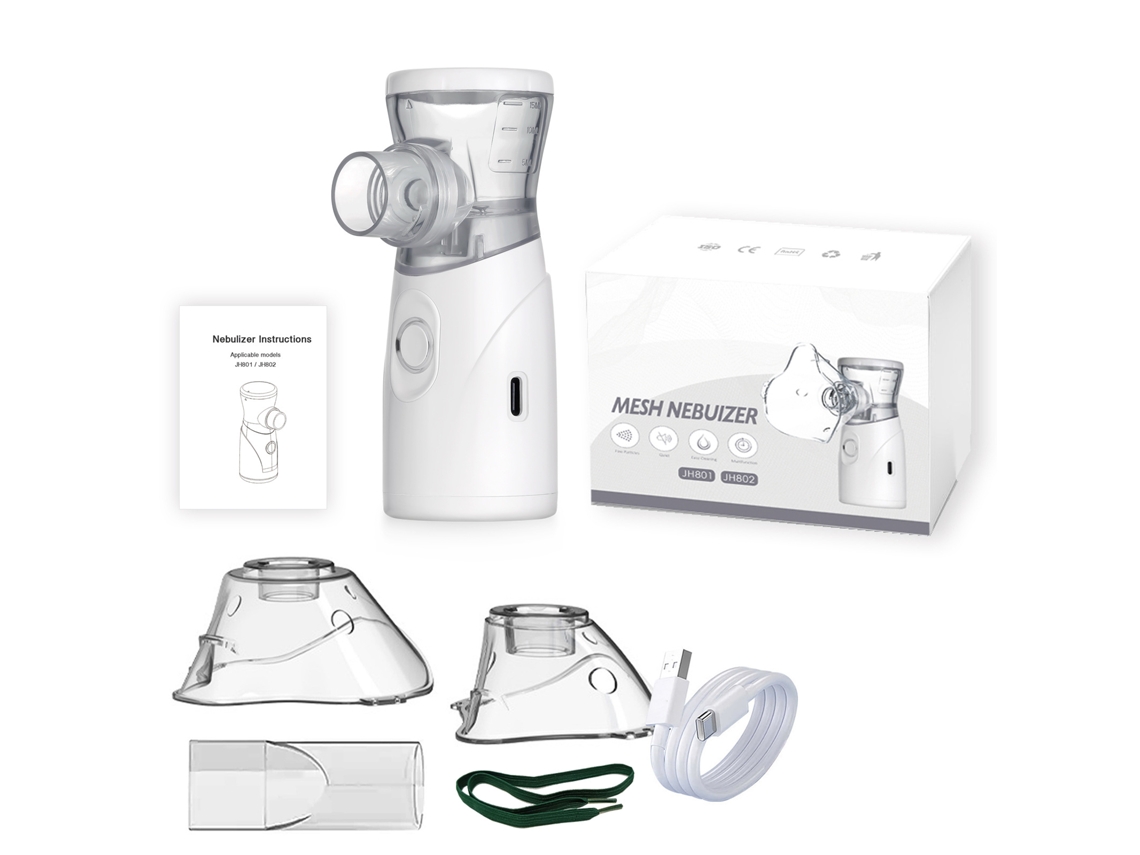 Atomizador ultrasónico portátil, blanco, batería recargable, funcionamiento silencioso, apto para uso doméstico y de viaje.