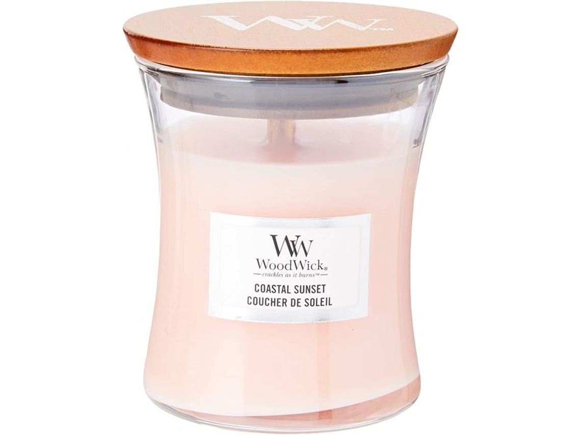 Vela perfumada Woodwick Sunset, modelo pequeño rosa para interiores