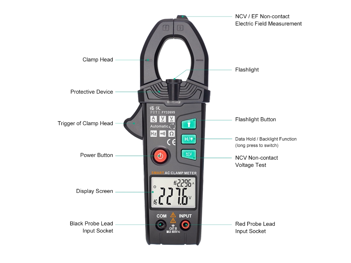 Pinza Amperimétrica Fuyi Fy3269s De 6000 Cuentas, Alta Precisión, Rango Automático, Verdadero Valor Eficaz (true Rms), Multifuncional, Color Negro.