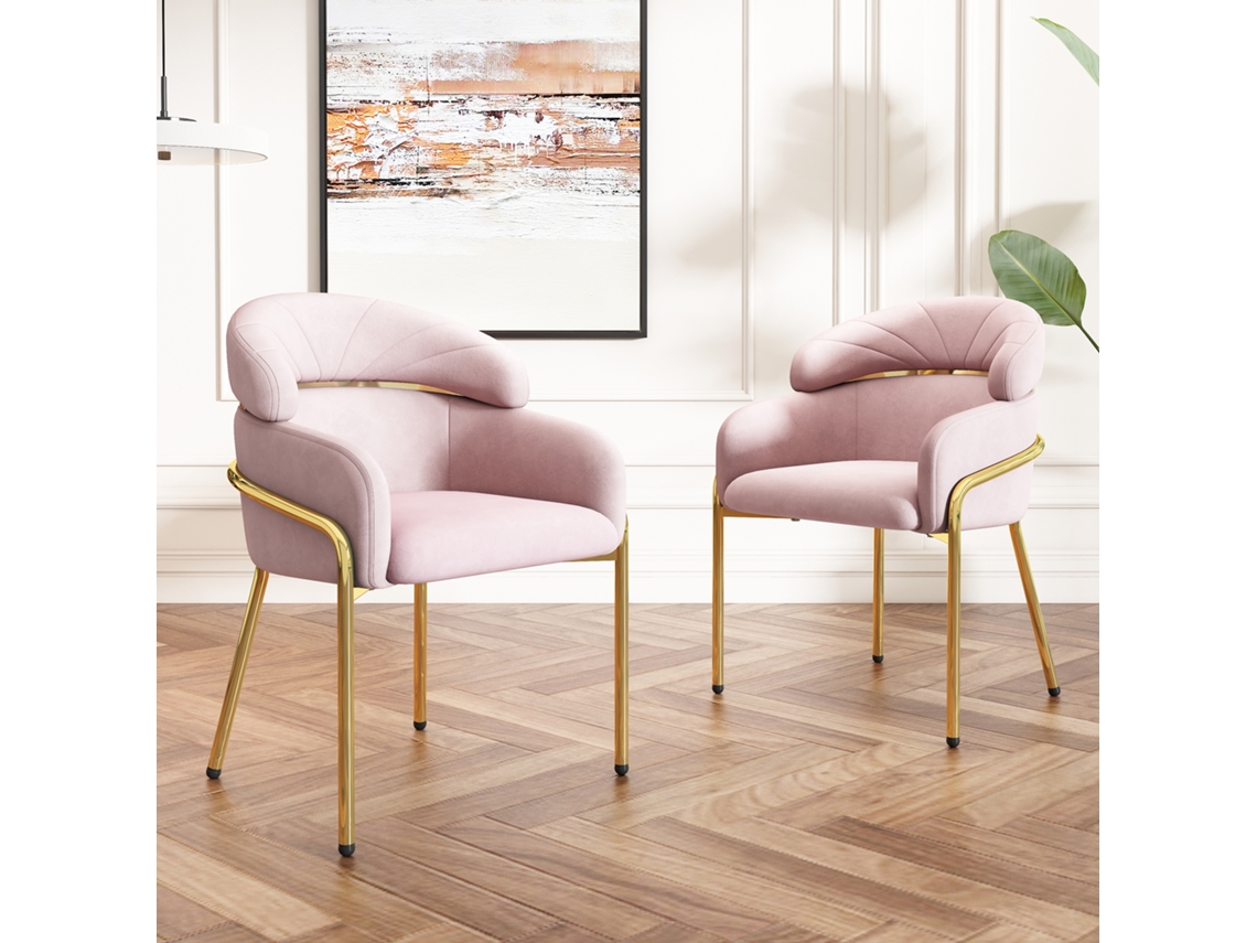 Silla Comedor 2 Unidades - Diseño Lujo Ligero, Salón Y Dormitorio, Patas Metálicas, Terciopelo Rosa