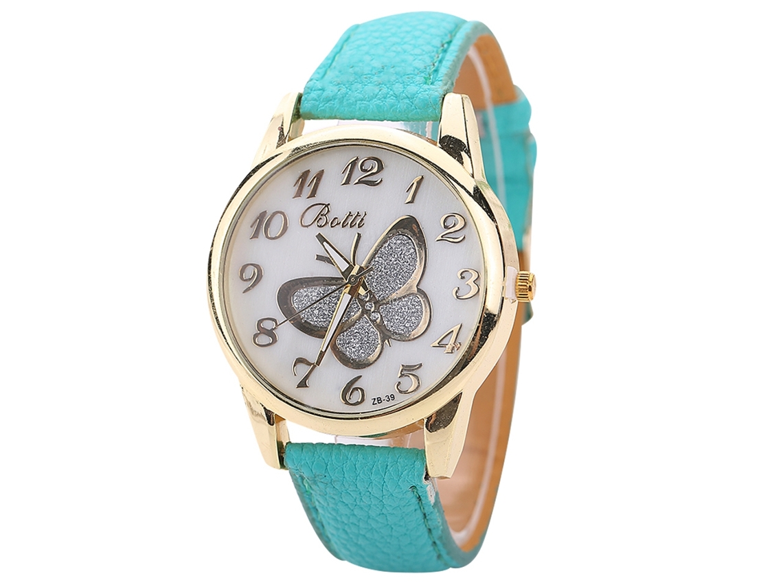 Reloj De Pulsera De Moda Para Mujer Con Correa De Piel Sintética Y Esfera Con Estampado De Mariposas Azul Cielo.