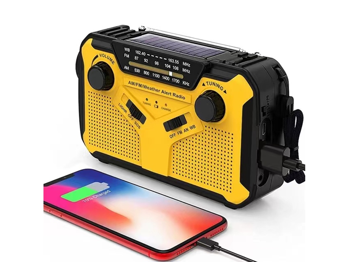 Radio portátil solar de manivela Viewleaf, radio AM/FM de emergencia, batería recargable de 4000 mAh, linterna LED y alarma SOS para acampar.