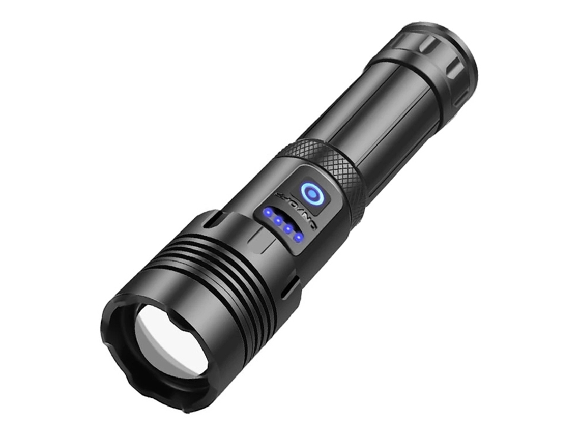 Linterna LED compacta, recargable vía USB, con indicador de nivel de batería, enfoque telescópico y 7 niveles de ajuste de brillo.