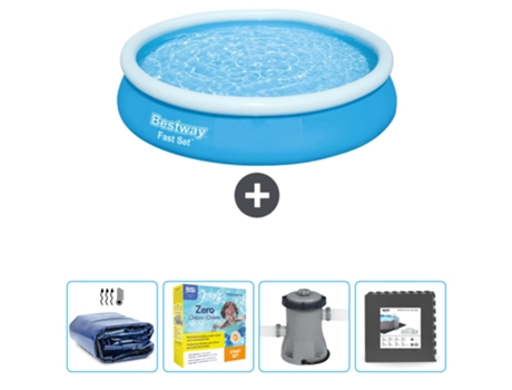Piscina Hinchable Redonda Fast Set BESTWAY - 366 x 76 cm - Azul - Incluida Vela solar - Paquete de mantenimiento - Bomba - Baldosas