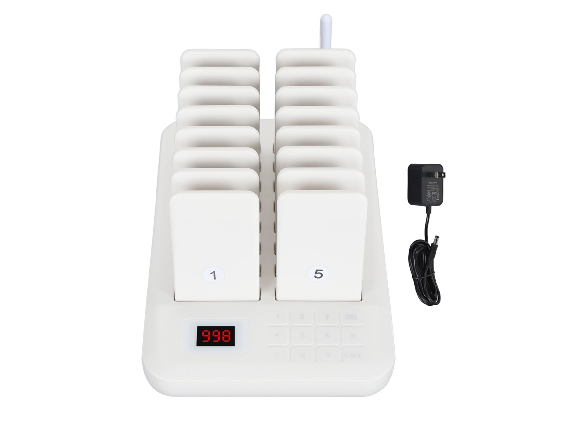 Sistema inalámbrico de megafonía para restaurantes con 16 páginas, alerta por vibración y luz, enchufe USB.