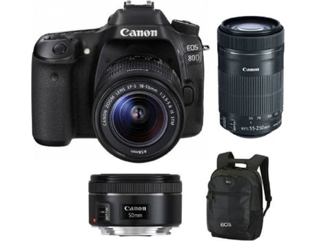 Cámara Reflex CANON EOS 80D + Objetivo EF-S 18-55MM F3.5-5.6 IS STM + Objetivo EF-S 55-250MM F4-5.6 IS STM + Objetivo EF 50MM F1.8 STM + Mochila Ne...