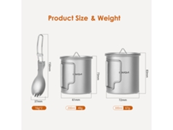 Mali conjunto de Copo de Camping de Titânio 300ml e 200ml com Tampa e Colher Garfo para Camping e Hiking