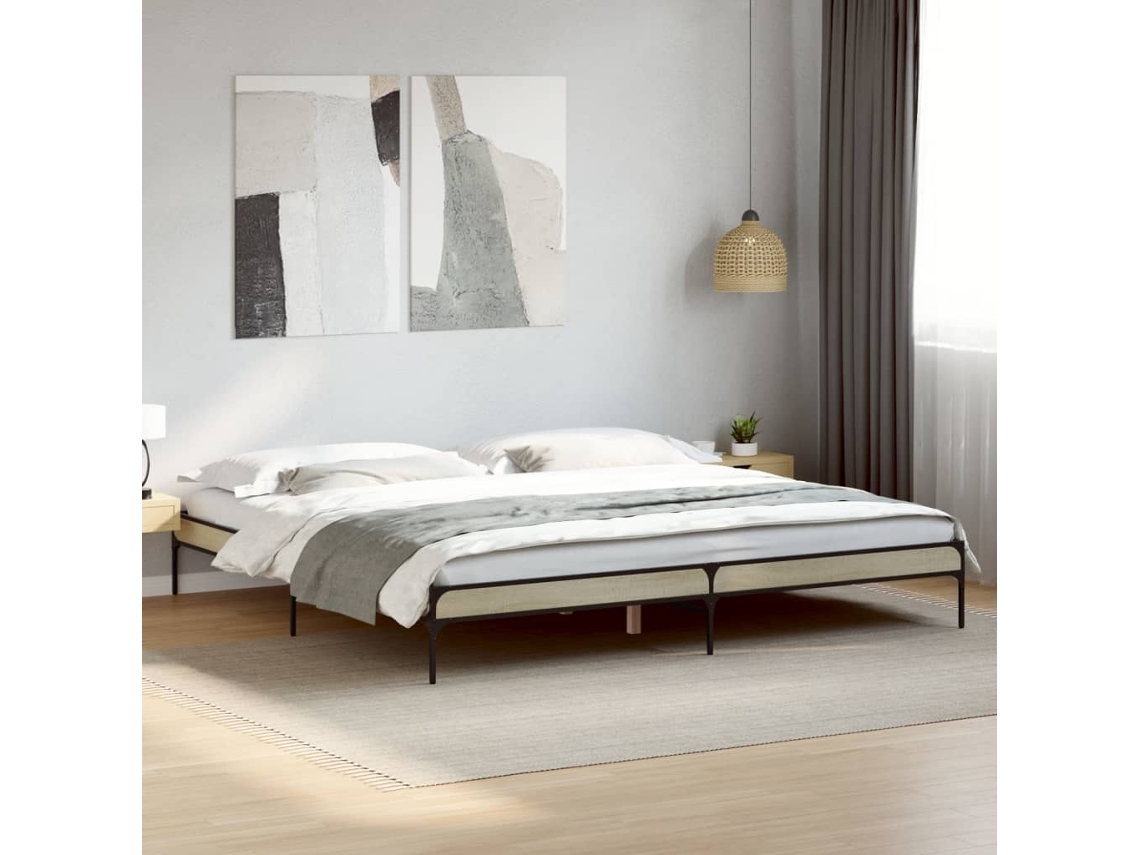 Estructura Cama Madera Ingeniería Metal Roble Sonoma 200x200 Cm