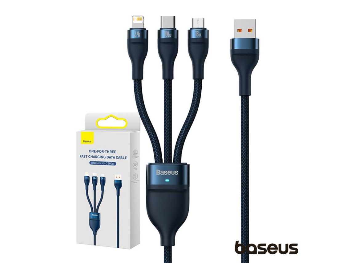 Cable BASEUS Flash USB-A a USB-C Micro USB Lightning PD 100W 1.2M Azul