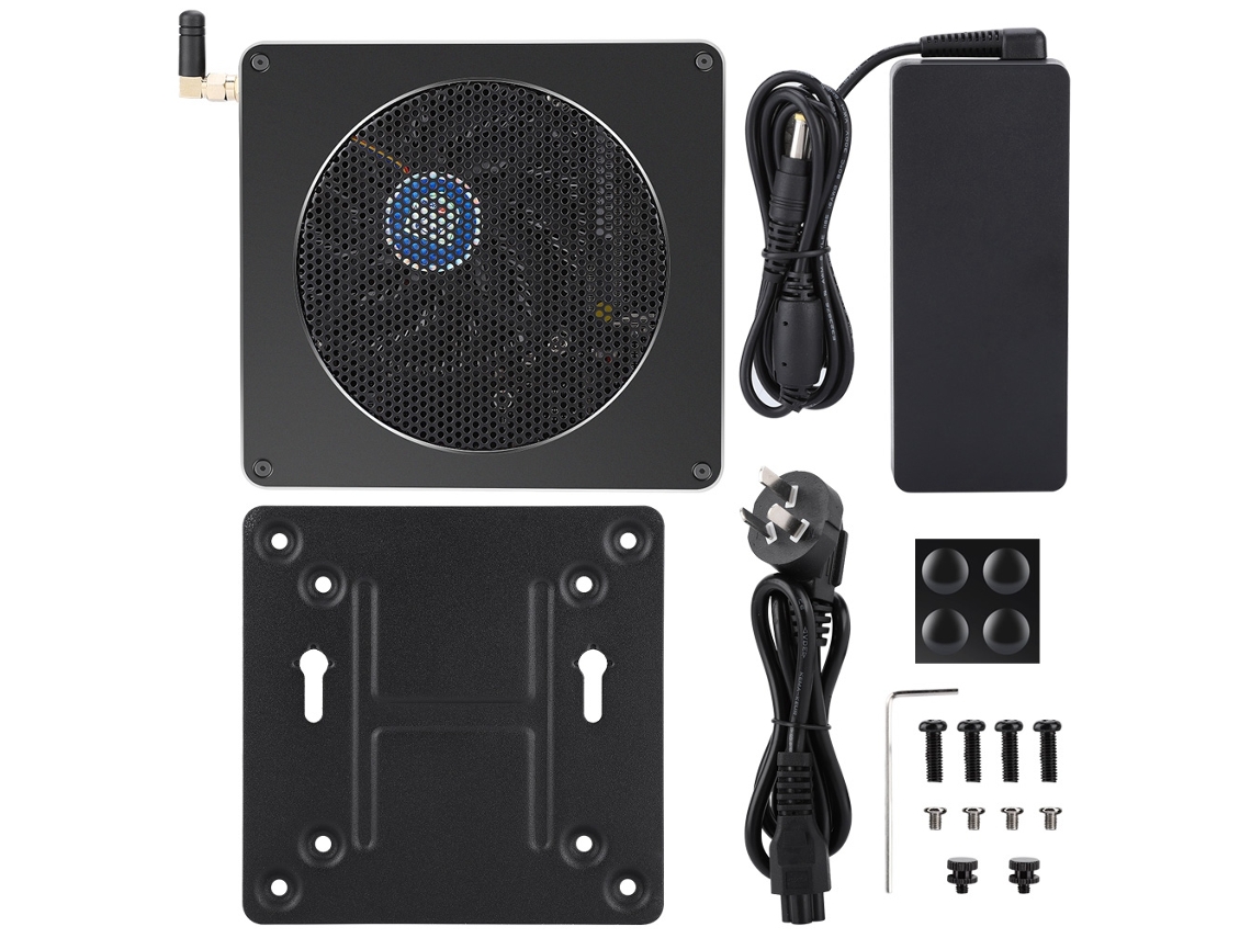 Minicomputadora de 6 núcleos con procesador Intel i9 8950HK, 16 GB de RAM y 512 GB de SSD, color dorado.