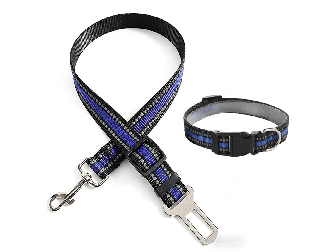 Cinturón De Seguridad Para Coche + Collar Azul Reflectante, Anti-desgaste, Gancho Giratorio, Seguro Para Perros Y Gatos