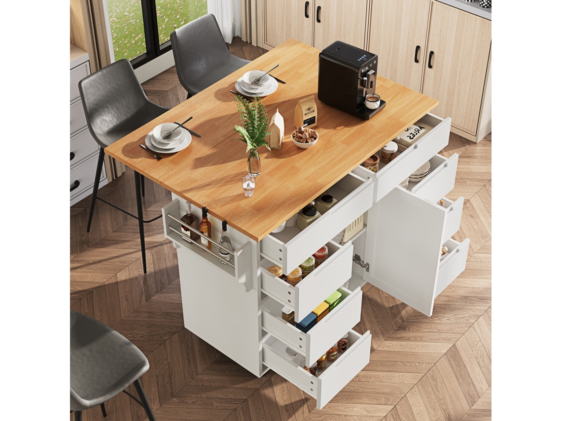 Isla de cocina blanca extensible con 8 cajones.