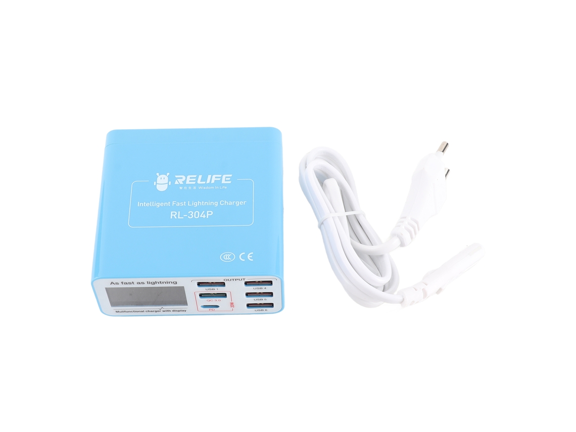 Cargador USB rápido inteligente y compacto PD QC3.0 con pantalla LCD, múltiples puertos y protecciones múltiples.