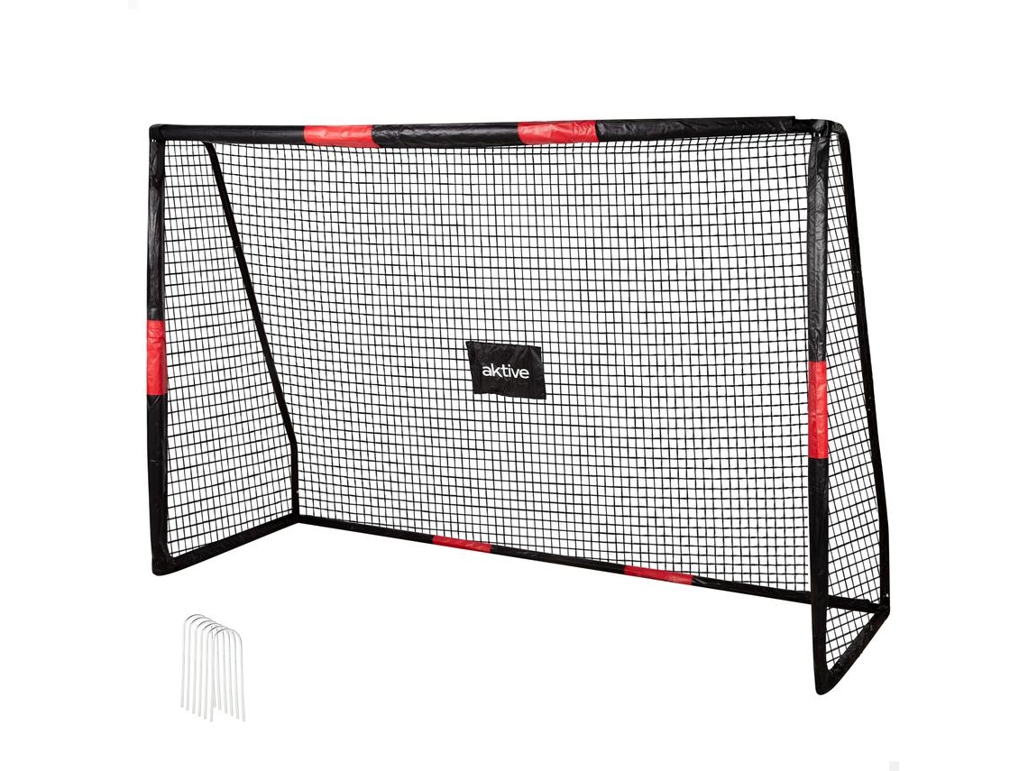 Portería de fútbol de 240 x 85 x 160 cm con estructura de protección, red y pivotes activos.