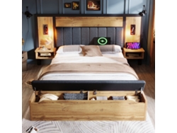 Cama para adultos de 180×200 cm con luz de lectura, enchufes y banco con estructura de metal natural, Mobrio