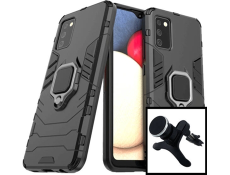 Kit Carcasa y Soporte Magnético Reforzado Samsung Galaxy A02s PHONECARE 3X1 Military Defender Negro