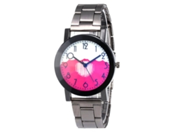 Reloj De Pulsera Para Parejas Con Brazalete De Acero, Caja Redonda De Diseño Moderno Y Esfera Rosa Y Roja.