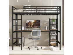 Cama alta de 90x200 cm con escritorio y estantería de almacenaje con escalera de seguridad de 5 peldaños, metal, MDF, color negro, estilo natural