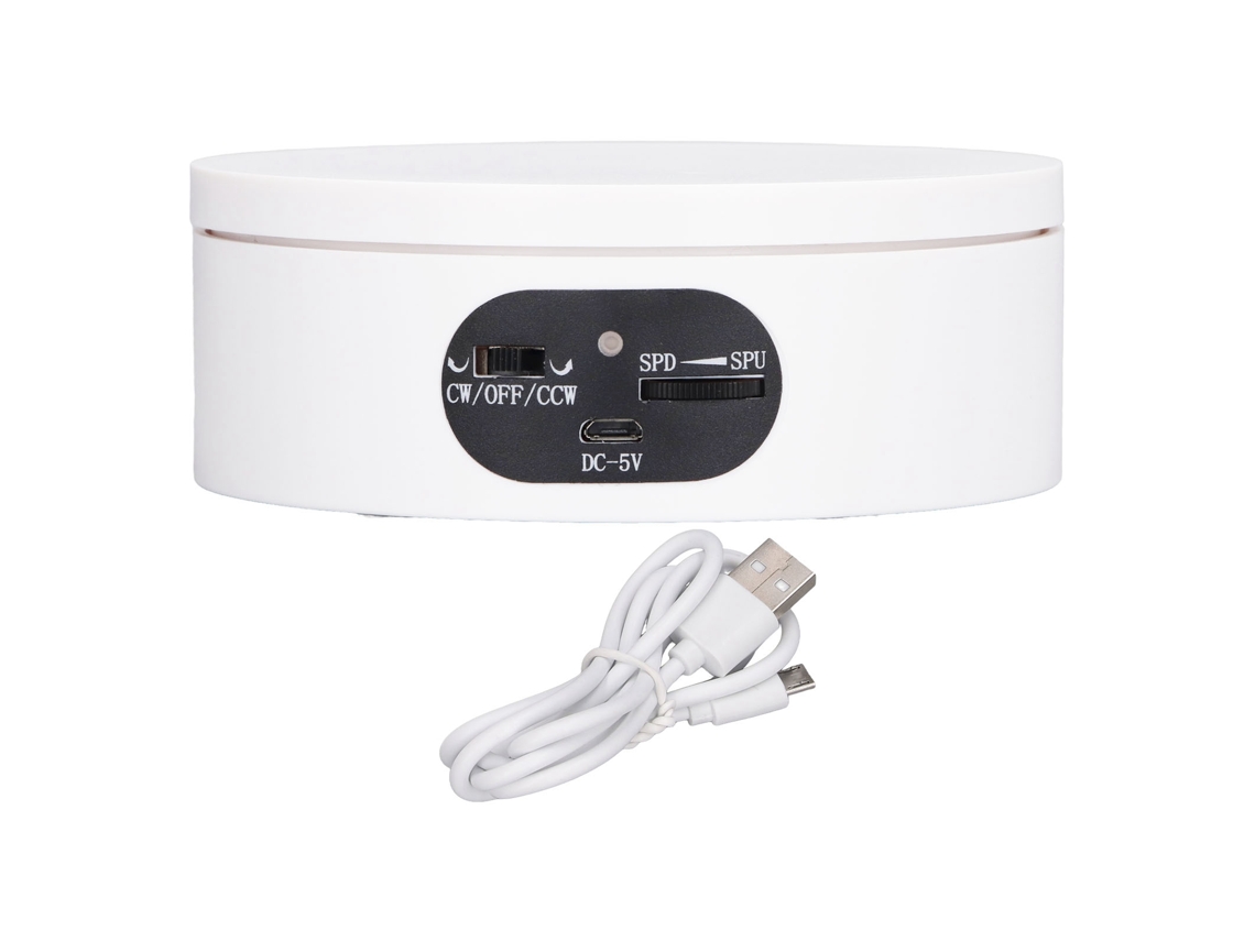 Plataforma giratoria para fotografía de 360°, capacidad de 5.5 lb, control de velocidad y batería, color blanco