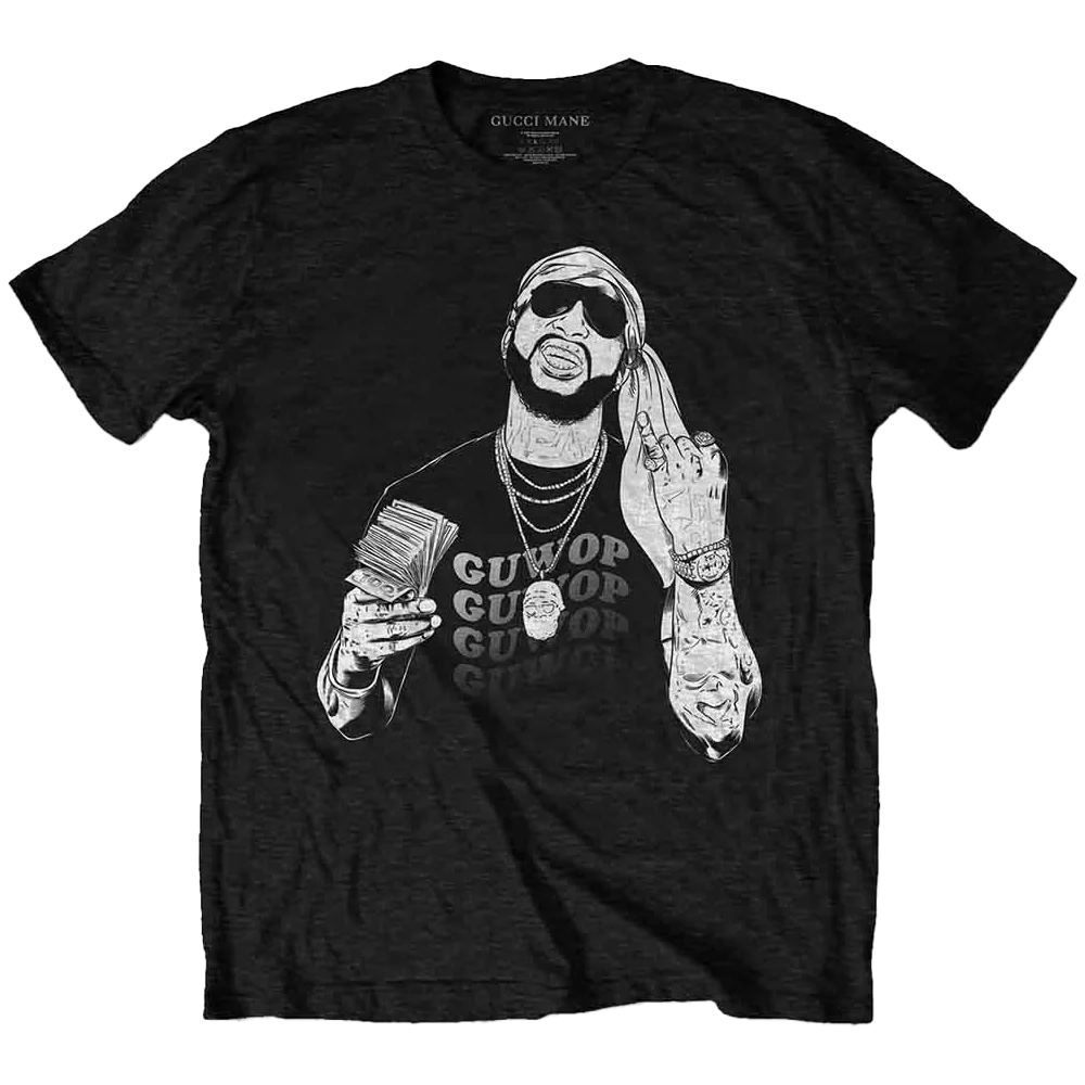 Camiseta unisex Rockinstone de Gucci Mane con el dedo meñique levantado. Talla: M