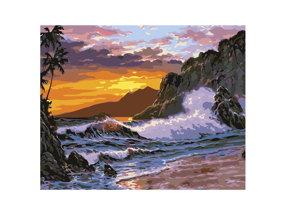 Lienzo para pintar por números, 40 x 50 cm. Diseño de olas y sol. Incluye pinceles y pinturas.
