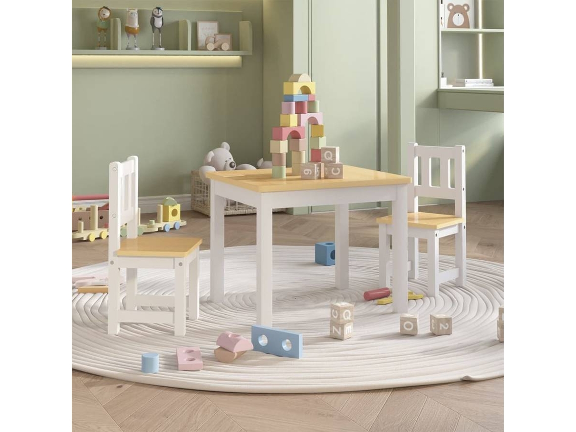 vidaXL Mesa y silla infantil 3 pzas MDF blanco y beige