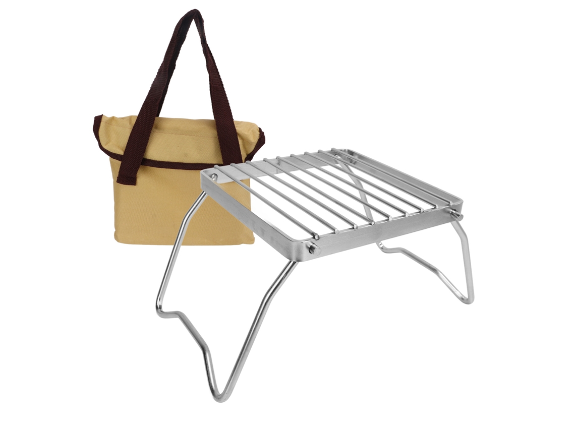 Parrilla plegable de acero inoxidable para camping, ideal para barbacoas.